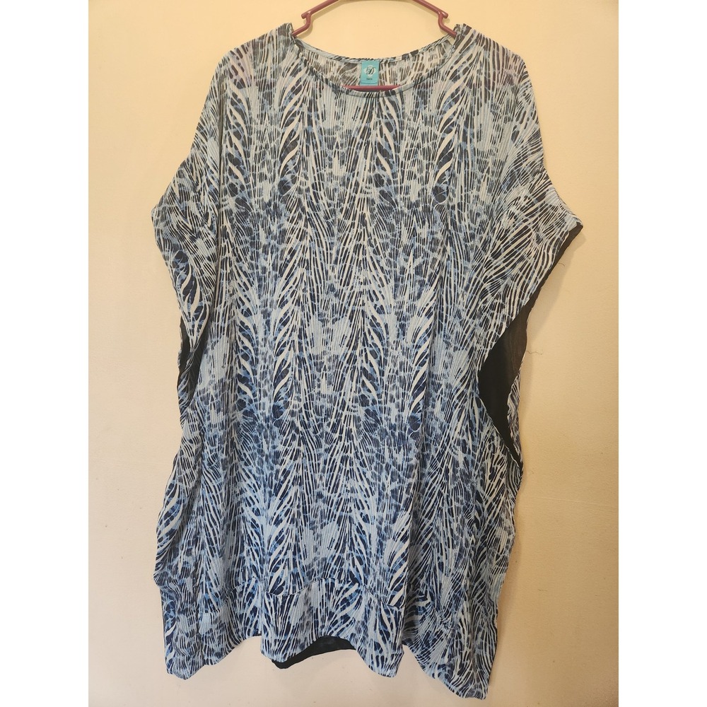 D Swim Blue White Abstract Print Sheer Kaftan Beach Cover Up Womens Large